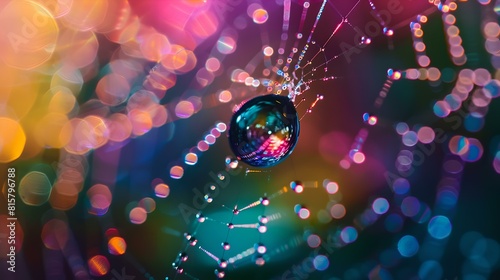 Vibrant water droplet suspended on spider web against a colorful bokeh background