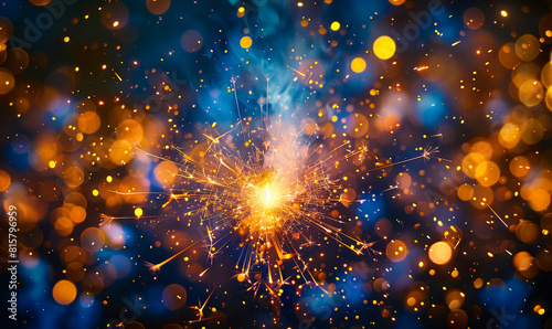 Vibrant Exploding Fireworks Burst - Colorful Abstract Yellow Blue Celebration Long Exposure Night Sky Photography photo