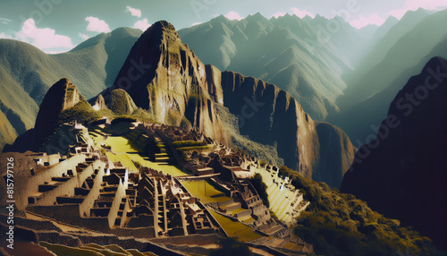 Ancient ruins of Machu Picchu illuminated by a magical golden light. photo