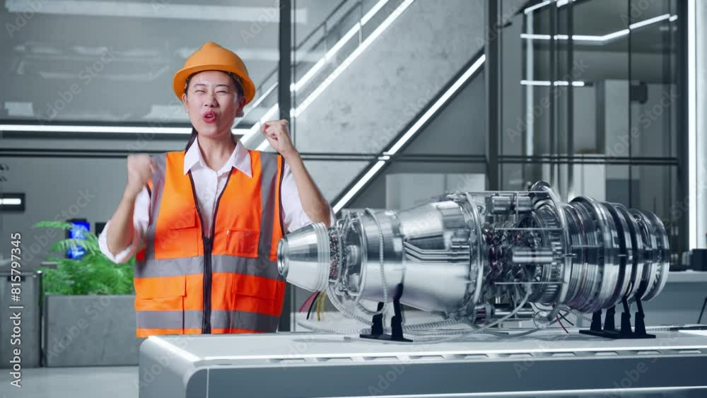 Asian Female Engineer With Safety Helmet Screaming Goal And Dancing Celebrating With Electric Engine for Innovative Project Asian Female Engineer With Safety Helmet Screaming Goal And Dancing Celebrating With Electric Engine for Innovative Project