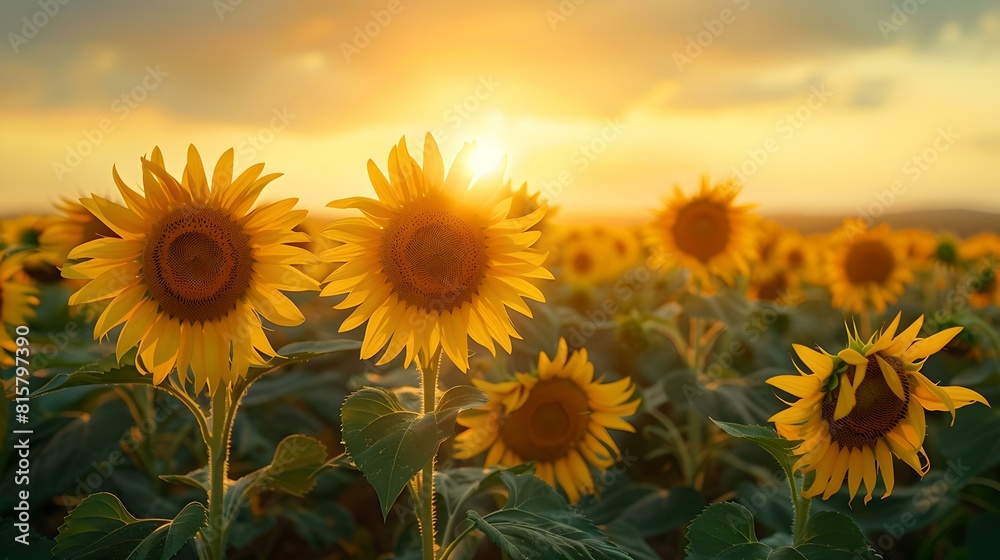 Fototapeta premium Radiant sunflowers basking in golden sunrise light on a field