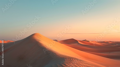 Serene desert dunes at sunset with warm pastel sky
