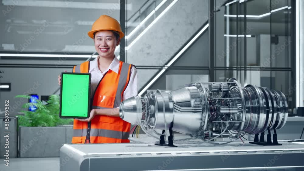 Asian Female Engineer With Safety Helmet Smiling And Showing Green Screen Tablet To The Camera With Electric Engine for Innovative Project Asian Female Engineer With Safety Helmet Smiling And Showing Green Screen Tablet To The Camera With Electric Engine for Innovative Project