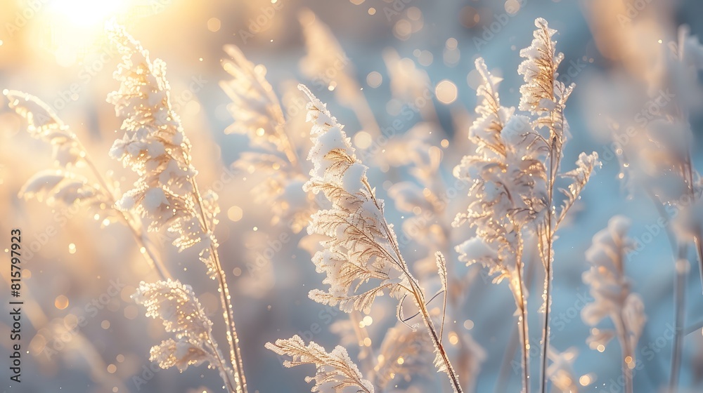 A closeup of frost-covered grasses in the foreground, with soft sunlight filtering through them, creating a dreamy and ethereal atmosphere.
