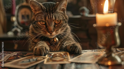 Viewed from across the table  a cat fortune teller shuffles tarot cards with deft paws  their mysterious eyes locking with yours as they reveal your fate