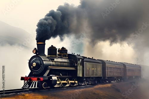 : The rhythmic percussion of a steam engine chugging along a misty mountain pass photo