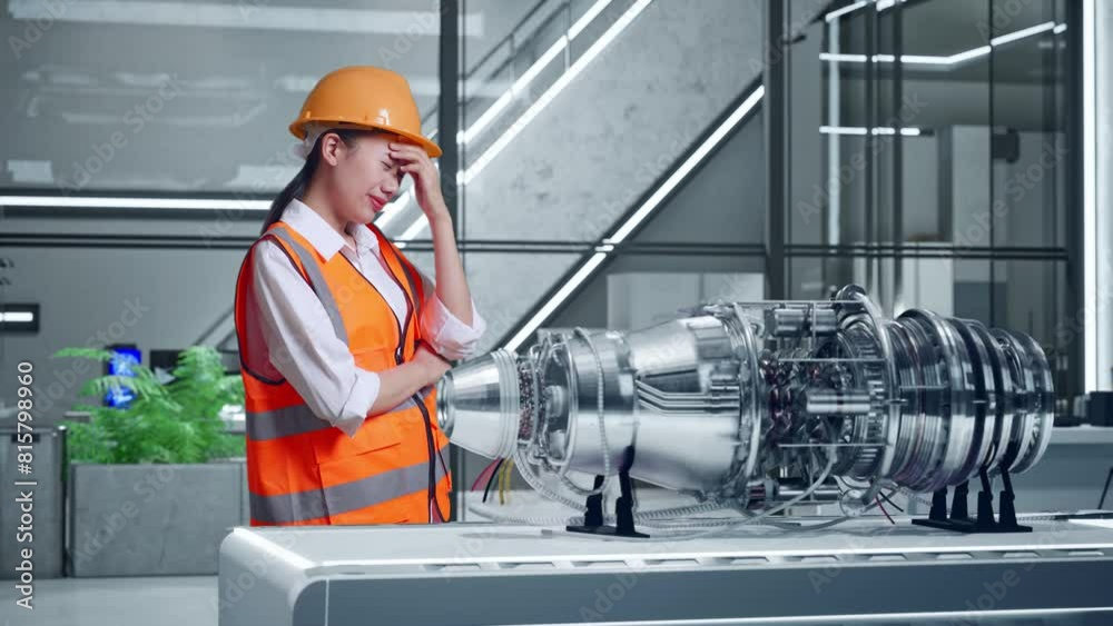 Side View Of Asian Female Engineer With Safety Helmet Having A Headache While Working With Electric Engine for Innovative Project Side View Of Asian Female Engineer With Safety Helmet Having A Headache While Working With Electric Engine for Innovative Project