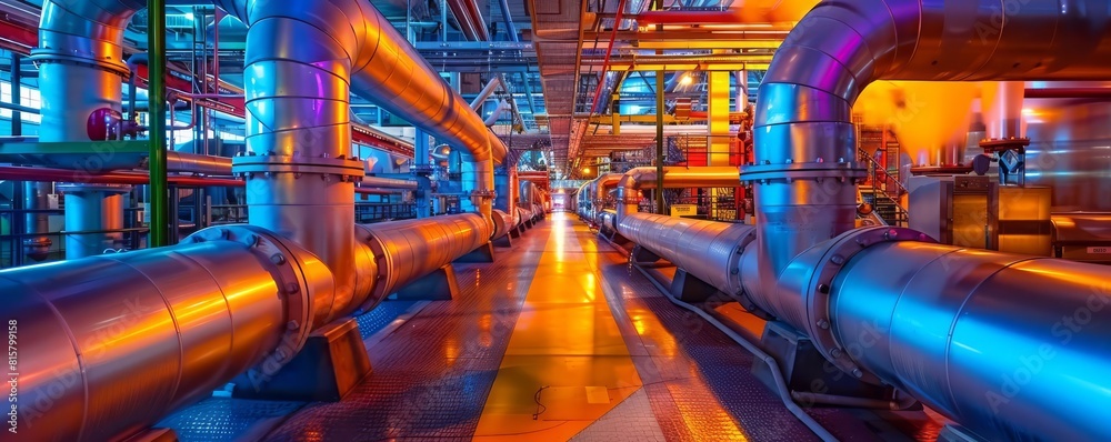 Steaming pipes in a dimly lit industrial setting with colorful lighting Steaming pipes in a dimly lit industrial setting with colorful lighting