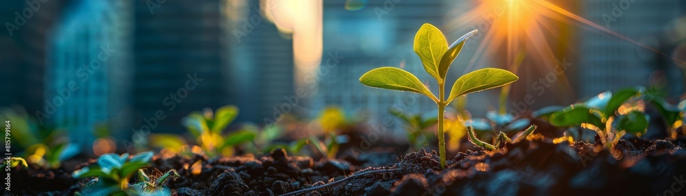 Sprouting seedling in a city garden with morning light and skyscrapers in the background