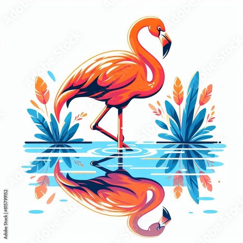 A pink flamingo is walking through a pond with green and blue plants