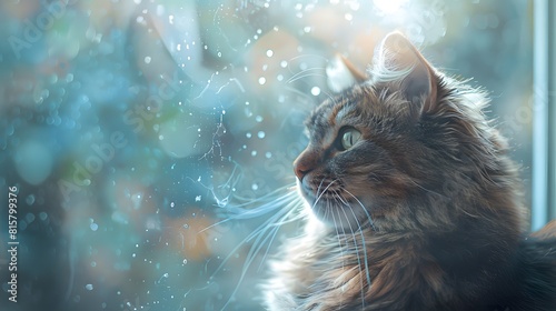 A fluffy cat with long hair looking out the window in soft sunlight.  © horizon