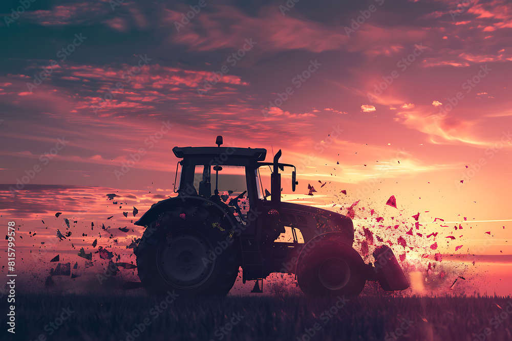 Captivating portrayal of a tractor silhouette fragmented into mesmerizing forms, evoking a sense of industrial beauty Captivating portrayal of a tractor silhouette fragmented into mesmerizing forms, evoking a sense of industrial beauty