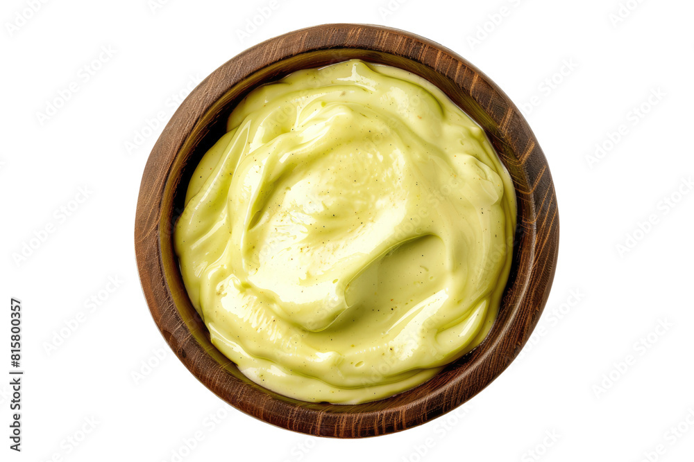 Top view of wasabi aioli dip in a wooden bowl isolated on transparent background Top view of wasabi aioli dip in a wooden bowl isolated on transparent background