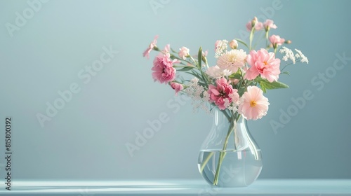 Flower bouquet in glass vase on table background with copy space   Banner for mock up  template AI generated