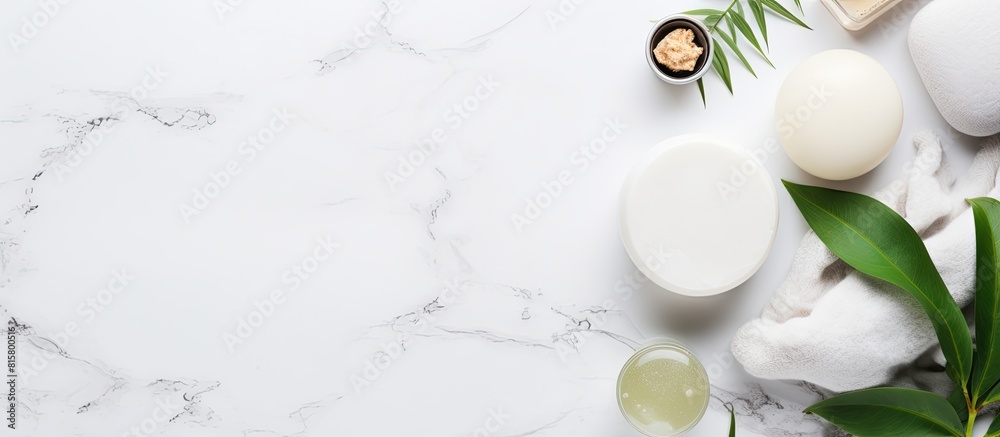 A zero waste concept is depicted in a flat lay composition on a white marble background The image showcases natural body care or bath products with ample copy space for text A zero waste concept is depicted in a flat lay composition on a white marble background The image showcases natural body care or bath products with ample copy space for text