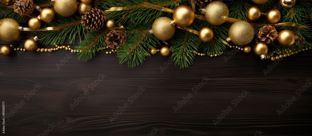 A table adorned with gold beads on Christmas tree branches creating an elegant copy space image A table adorned with gold beads on Christmas tree branches creating an elegant copy space image