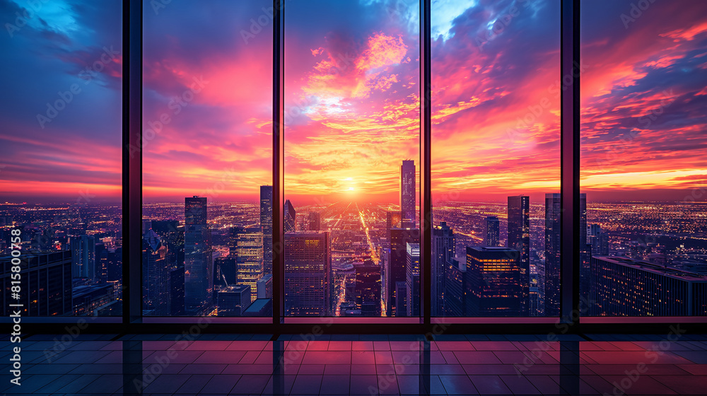 Fototapeta premium A close-up shot of the silhouette of a city skyline at sunset, with the outlines of buildings and structures standing out against the fading light of the evening sky, while the vib