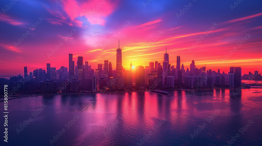A dramatic photograph capturing the silhouette of a city skyline at sunset, with the angular shapes of skyscrapers and office buildings highlighted against the colorful canvas of t