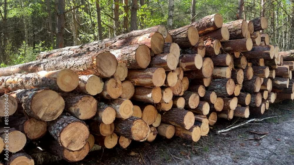 Pile pine tree logs in forest. Stacks of cut wood. Wood logs, timber logging, forest destruction. Forests illegal Disappearing. Environmetal and ecology, deforestation. Pile felled trees. Pine Lumber Pile pine tree logs in forest. Stacks of cut wood. Wood logs, timber logging, forest destruction. Forests illegal Disappearing. Environmetal and ecology, deforestation. Pile felled trees. Pine Lumber