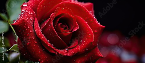 Close up macro of a single red rose with water drops creating a fresh and vibrant floral background The image offers ample copy space for a variety of design purposes emphasizing the beauty and essen
