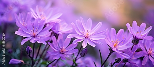 A close up image of purple flowers in the garden with copy space