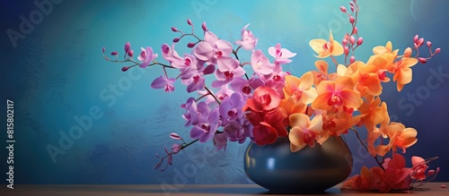 Colorful background showcasing a stunning orchid arrangement in a vase with ample space for copying imagery