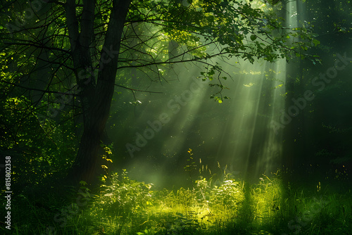 Serene sunlight filters through trees in a lush green forest