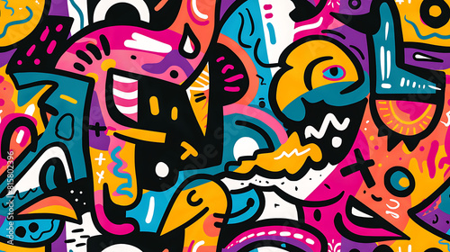 graffiti on wall - Cartoon style, multi color, colorful - Bold and vibrant graffiti doodles with expressive lines and vibrant colors - Seamless tile. Endless and repeat print.