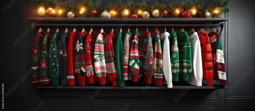 The image features a rack filled with various Christmas sweaters set against a bright background with plenty of room for adding text. Copyspace image