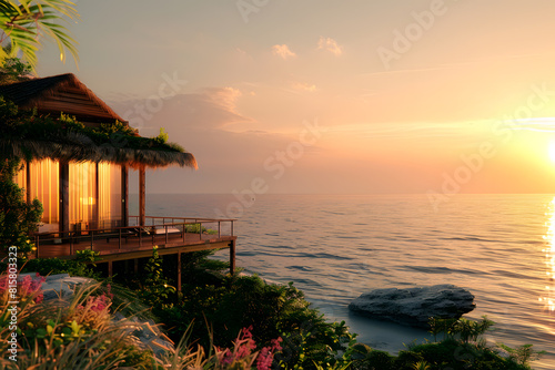 Tropical beach house retreat at sunset