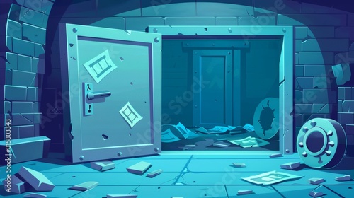 Modern illustration of robbery from bank vault safe. Illustration shows empty room, open door, some money, and digging hole. photo