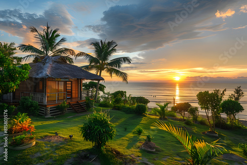 Tropical beach sunrise with cozy bungalow