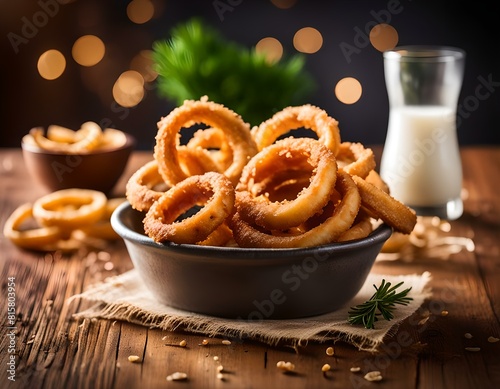 Bowl of onion rings, commercial photo for marketing use photo