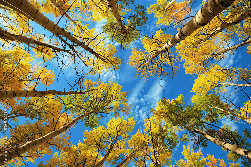 Fototapeta premium Looking up view of golden autumn trees against a blue sky