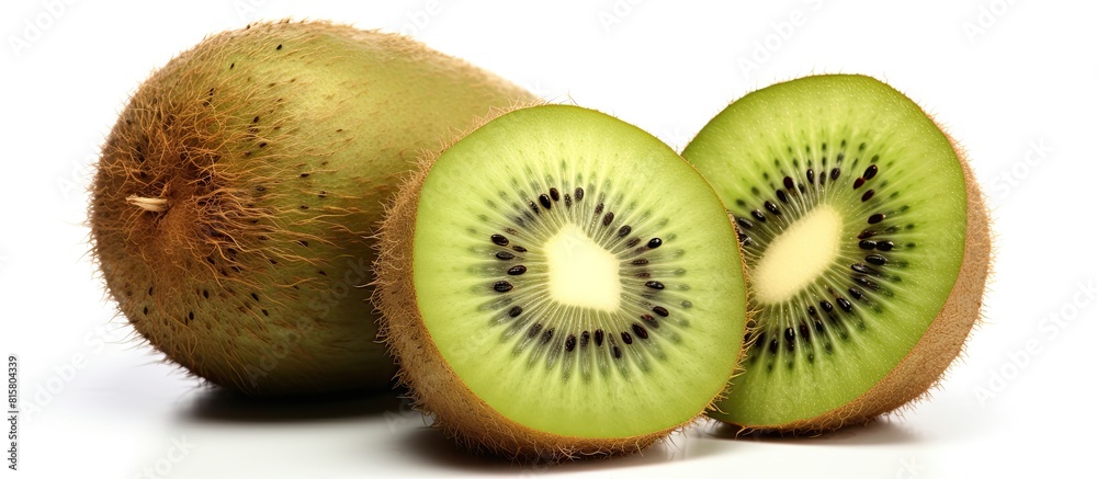Fototapeta premium Highly detailed close up macro concept of a whole organic kiwi showcasing its freshness and juiciness The kiwi with its sweet and sour taste is packed with vitamin C and antioxidants The white isolat