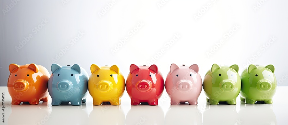 Colorful piggy banks on a grunge white background with coins and a lot of copy space image available Colorful piggy banks on a grunge white background with coins and a lot of copy space image available