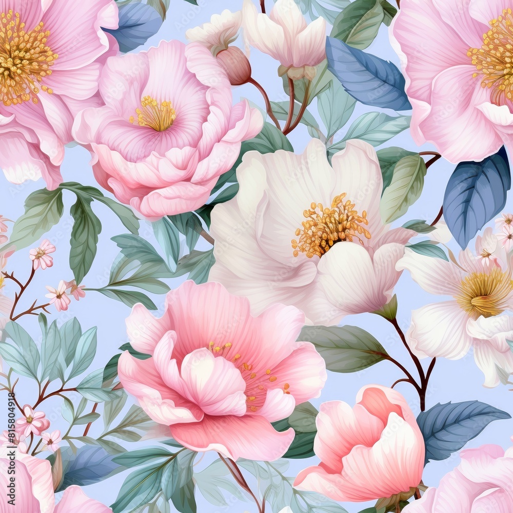 Seamless pattern of pink and white flowers with green foliage for background or textile design.