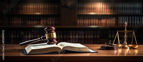 In a courtroom or law enforcement office there is an open law book placed on a table alongside a wooden judges gavel The scene is isolated on a white background with enough space for text photo