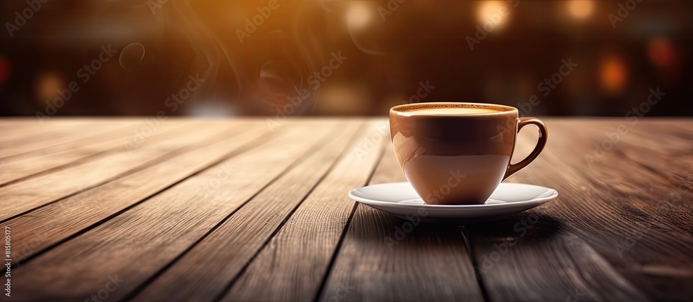 A cup of coffee placed on a wooden table with enough space around it in the image for any additional elements