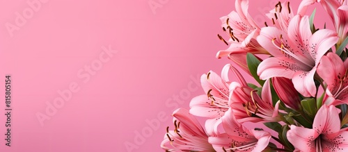 Pink background with alstromeria flowers in a copy space image photo