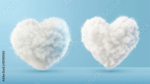 Isolated cotton wool pieces in the shape of a cloud and heart on a transparent background. A realistic set of soft cotton swabs made of wool fiber or white fur, or medical cotton swabs. photo