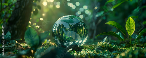 Crystal globe in lush forest with sunlight