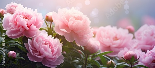 Fresh pink peonies in bloom with rain kissed pastel petals blend beautifully with the garden s blooming peonies background Copy space image provides room for appreciation