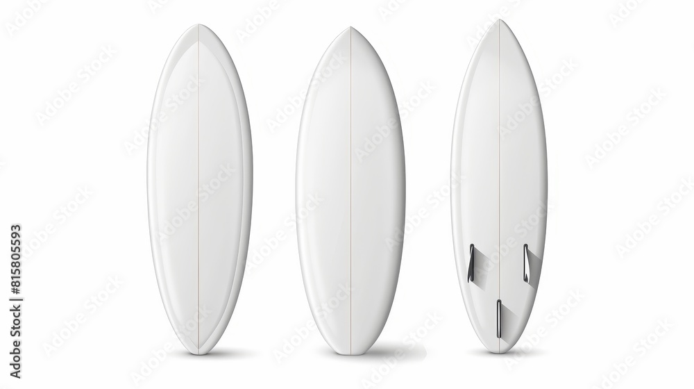Modern realistic mockup of a white surfboard with front, side, and back views. People surfing on sea waves on a white beach during summer. Leisure sport equipment isolated on white.