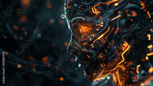 A cybernetic organism composed of glowing circuitry and metallic components, emerging from the darkness with an aura of technological prowess.