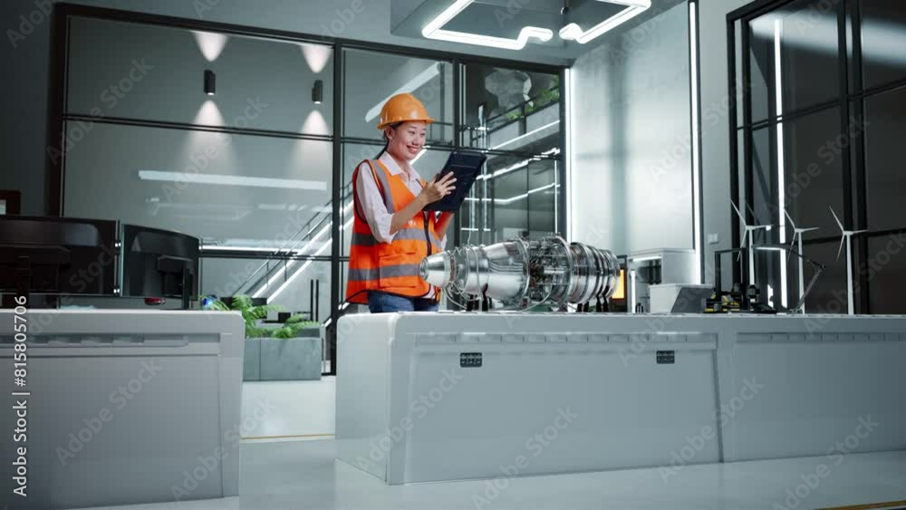 Side View Of Asian Female Engineer With Safety Helmet Working On A Tablet While Standing With Electric Engine for Innovative Project Side View Of Asian Female Engineer With Safety Helmet Working On A Tablet While Standing With Electric Engine for Innovative Project
