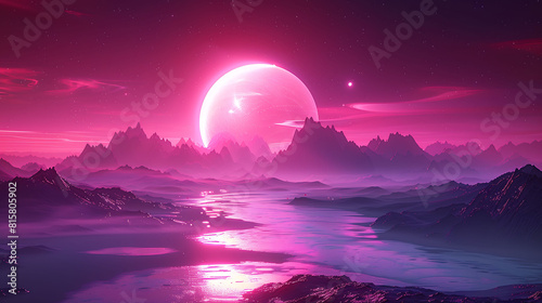 Otherworldly Pink Landscape with Giant Moon
