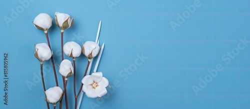 A blue background sets the scene with three medical cotton swabs alongside a white flower This image emphasizes women s health and hygiene with a white tampon leaving room for further content photo