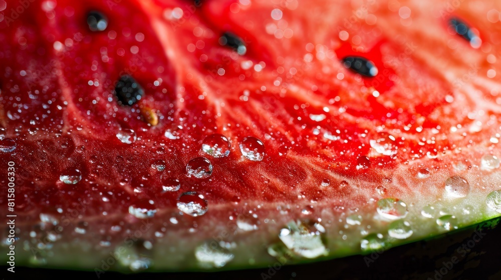Close-up Fresh Watermelon Slice with Water Drops and Seeds Close-up Fresh Watermelon Slice with Water Drops and Seeds