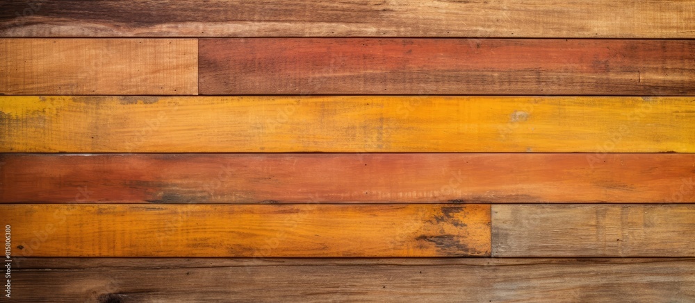Naklejka premium A copy space image showing a cohesive background of wooden walls in orange brown oil paint watercolor pastel brown and yellow brown plank wooden wall panels with a textured brown paint finish